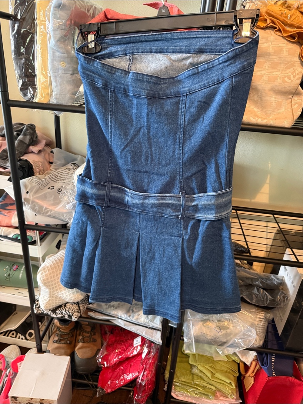 Haute Monde Strapless Denim Belted Mini Dress in Blue - Picture 3 of 4